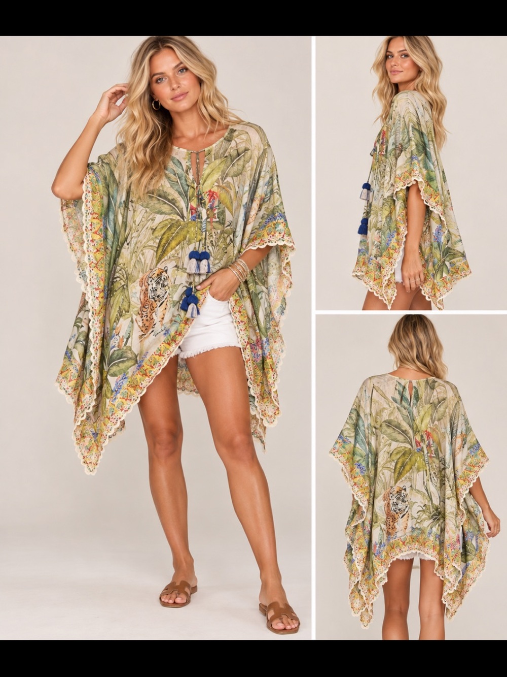 Johnny Was Tropical Tiger Jungle Print Boho Poncho Kaftan Tunic One Size